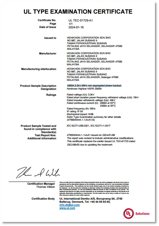 UL Type Examination Certificate for Henikwon Highbar nSPB 2000A non-segregated phase busduct, issued January 16, 2024.