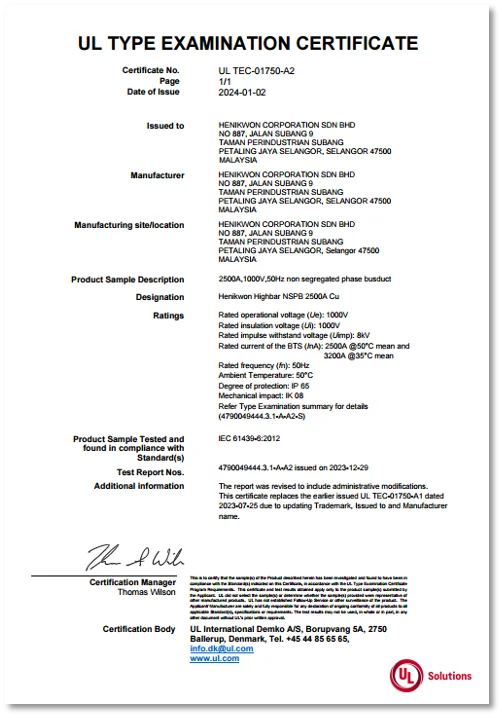UL Type Examination Certificate for Henikwon Corporation's 2500A non-segregated phase busduct, certificate number UL TEC-01750-A2, issued 2024-01-02.