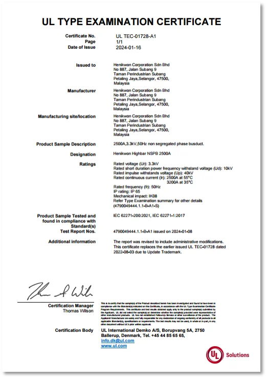 UL Type Examination Certificate for Henikwon Highbar NSPB 2500A busduct, issued January 16, 2024.