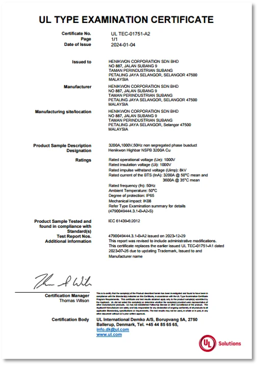 UL Type Examination Certificate for Henikwon Highbar NSPB 3200A Cu non-segregated phase busduct, issued on 2024-01-04 by UL International Demko A/S.