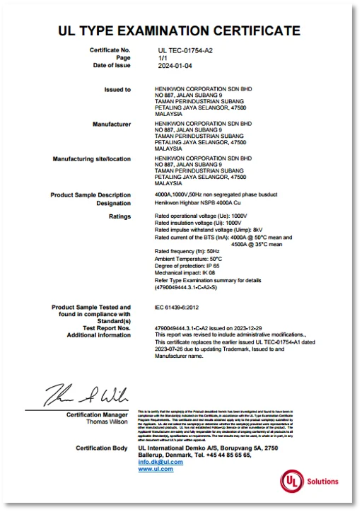 UL Type Examination Certificate UL TEC-01754-A2 for Henikwon Highbar NGPB 4000A Cu busduct, issued January 4, 2024.