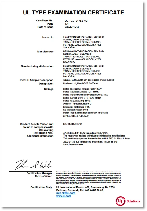 UL Type Examination Certificate for Henikwon Highbar NSPB 5000A Cu busduct, issued by UL International Demko A/S on 2024-01-04.