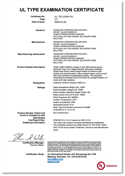 UL Type Examination Certificate for Henikwon SCM-EX Busduct, detailing electrical ratings and IEC 61439-6:2012 compliance.