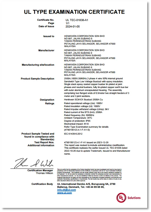 UL Type Examination Certificate for Henikwon Low Voltage Busduct (UL TEC-01838-A1)