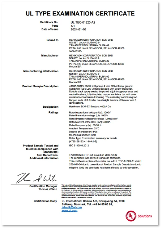 UL Type Examination Certificate for Henikwon SCM-EX Busduct, detailing electrical ratings, product description, and manufacturing information.