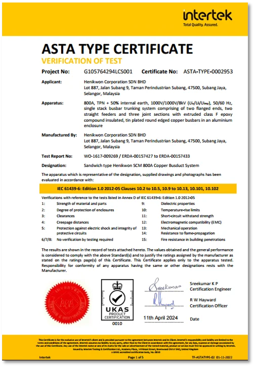 Intertek ASTA Type Certificate for Henikwon SCM 800A Copper Busduct System, verified to IEC 61439-6 standards, dated April 11, 2024.