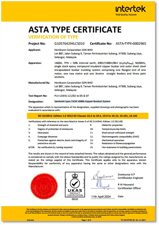 ASTA Type Verification Certificate issued by Intertek for Henikwon Corporation SDN BHD