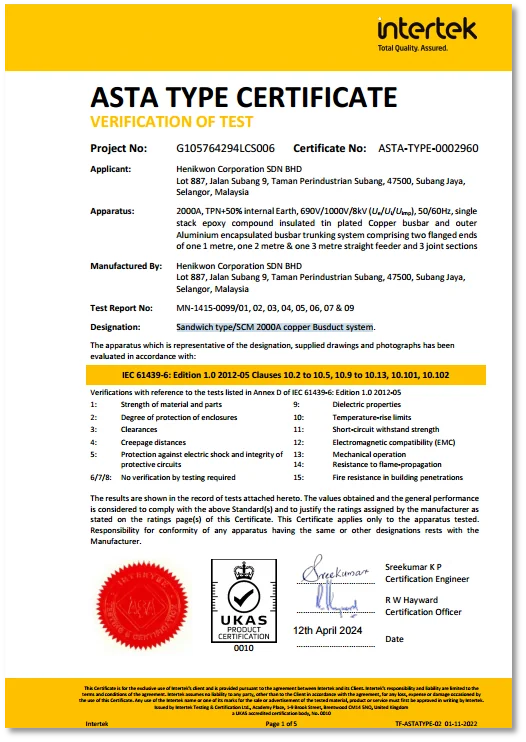 Intertek ASTA Type Certificate for Henikwon SCM 2000A copper busduct system, verifying IEC 61439-6 compliance.