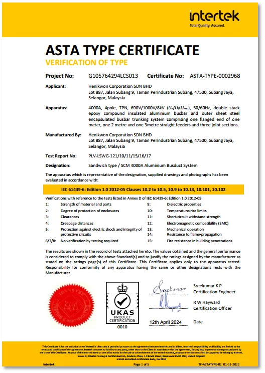 Intertek ASTA Type Certificate for Henikwon 4000A Aluminium Busduct System