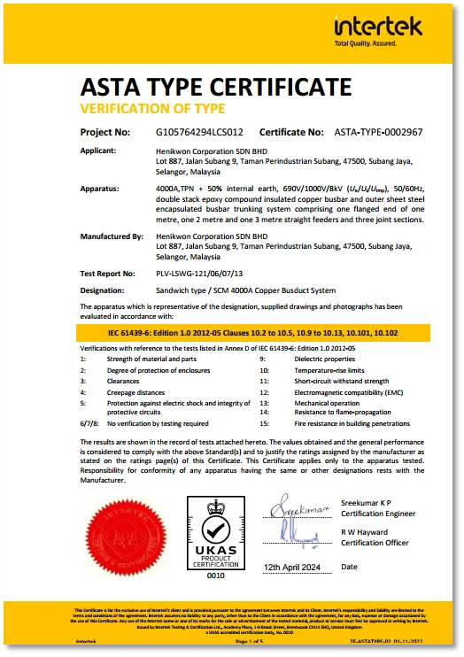 ASTA Type Certificate Verification of Test from Intertek for a Henikwon Corporation Copper Busduct System.