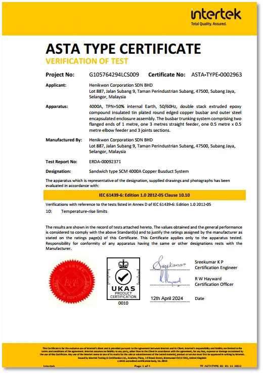ASTA Type Certificate Verification of Test from Intertek for a Henikwon Corporation Copper Busduct System.