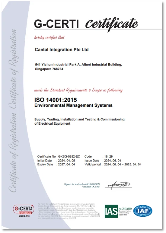 G-CERTI ISO 14001:2015 Environmental Management Systems certificate for Cantal Integration Pte Ltd.