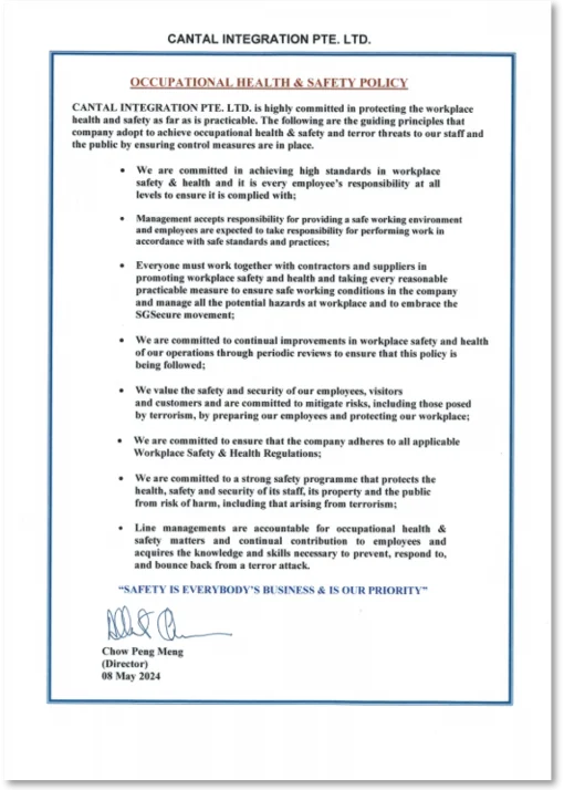 Cantal Integration PTE. LTD. Occupational Health and Safety Policy document, signed by Director Chow Peng Meng and dated May 8, 2024.