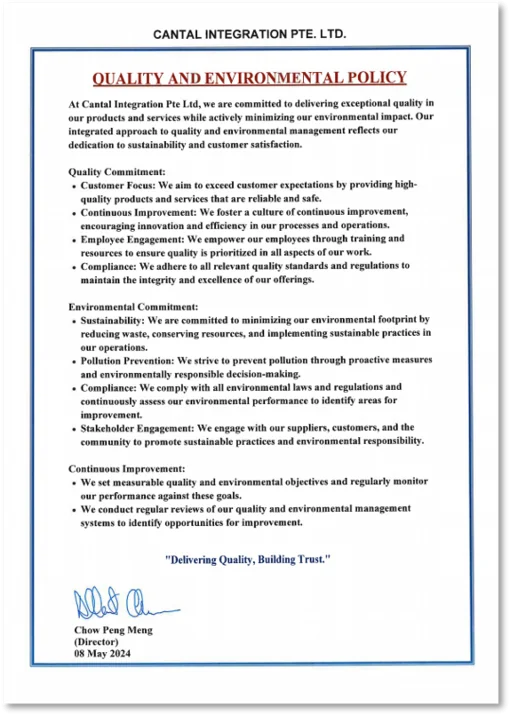 Cantal Integration Pte Ltd Quality and Environmental Policy document from May 8, 2024, outlining company commitments.